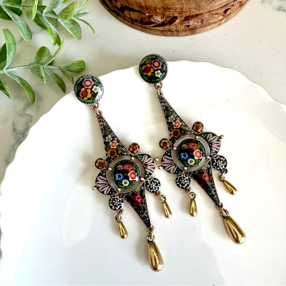 Gold Baroque Moody Dark Floral Mini Mosaic Style Earrings Painting Victorian NEW
